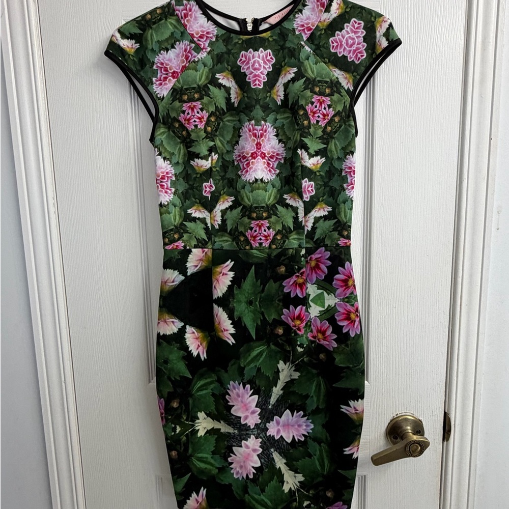 Ted Baker London Sew In Love Green Floral Dress Women's  Sz 0 Designer Cocktail